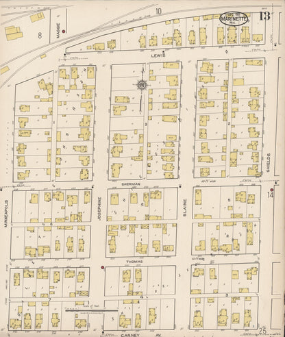 Sanborn Fire Insurance Map from Marinette, Marinette County, Wisconsin (1921), Sheet #0013 - Historic Sanborn Fire Insurance Map Print, vintage old map wall art, antique decor, genealogy gift, Wisconsin Wisconsin map