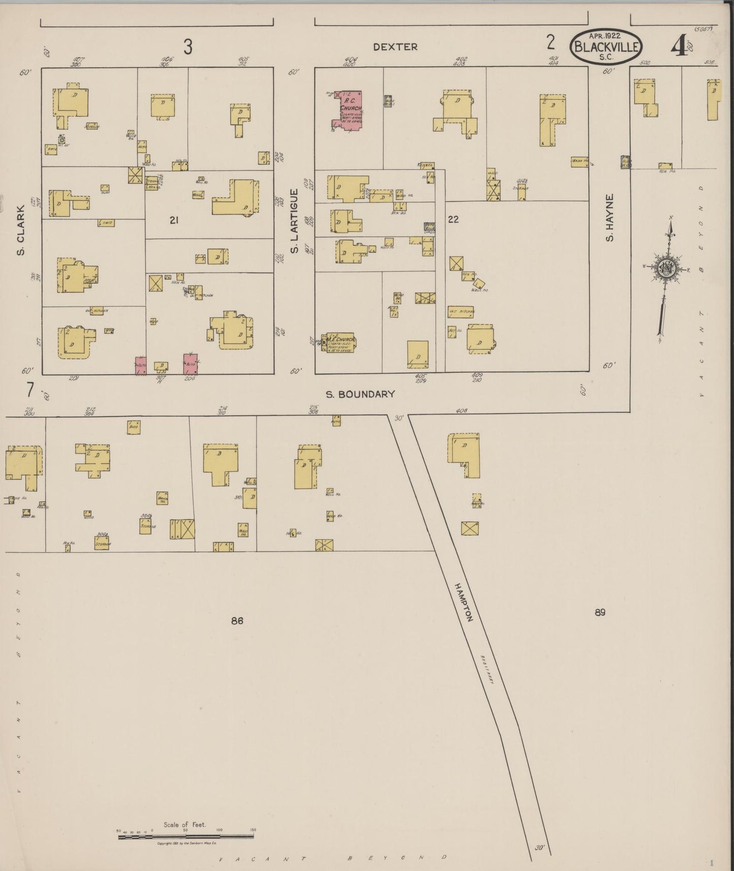 Sanborn Fire Insurance Map from Blackville, Barnwell County, South Carolina (1922), Sheet #0004 - Complete Map Set gallery image, historic Sanborn map, vintage wall art, South Carolina South Carolina