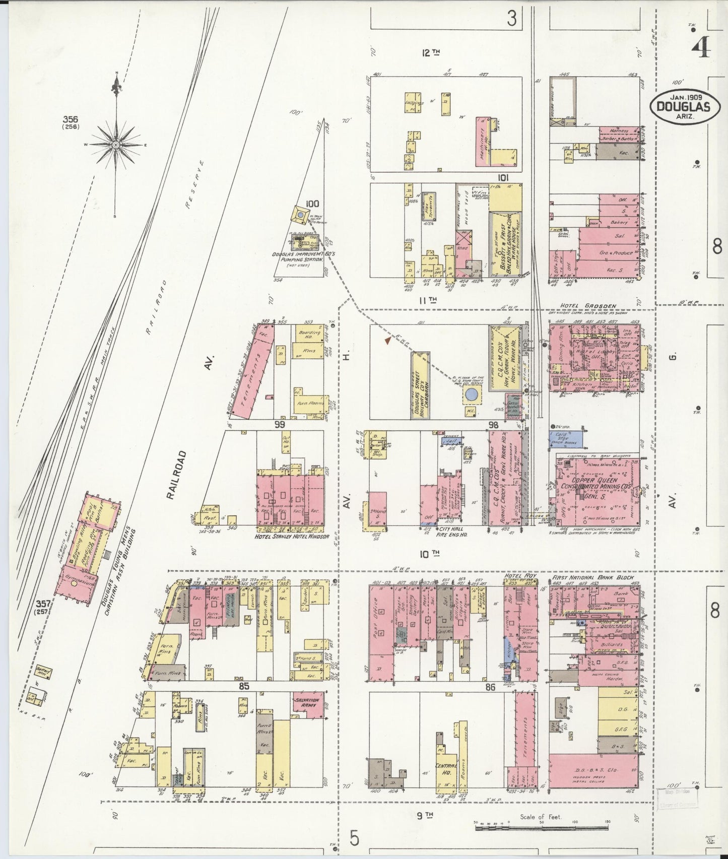 Sanborn Fire Insurance Map from Douglas, Cochise County, Arizona (1909), Sheet #0004 - Complete Map Set gallery image, historic Sanborn map, vintage wall art, Arizona Arizona