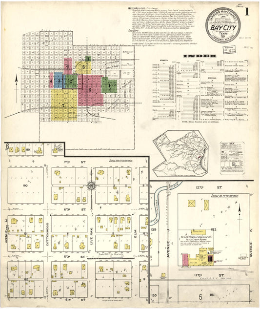 Sanborn Fire Insurance Map from Bay City, Matagorda County, Texas (1917), Sheet #0001 - Historic Sanborn Fire Insurance Map Print, vintage old map wall art, antique decor, genealogy gift, Texas Texas map