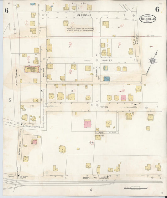 Sanborn Fire Insurance Map from Bluefield, Tazewell County, Virginia (1930), Sheet #0006 - Historic Sanborn Fire Insurance Map Print, vintage old map wall art, antique decor, genealogy gift, Virginia Virginia map