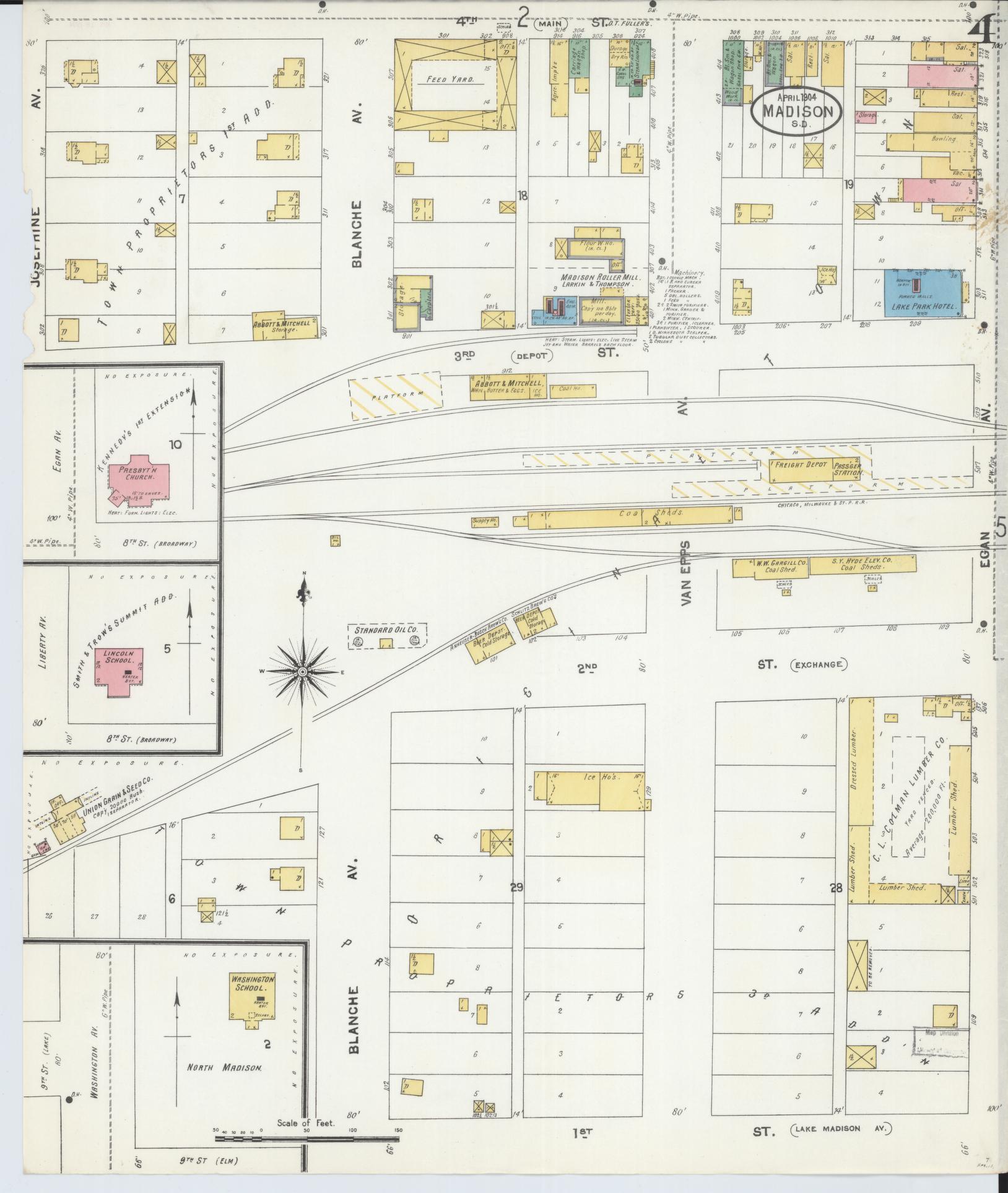 Sanborn Fire Insurance Map from Madison, Lake County, South Dakota (1904), Sheet #0004 - Historic Sanborn Fire Insurance Map Print, vintage old map wall art, antique decor, genealogy gift, South Dakota South Dakota map