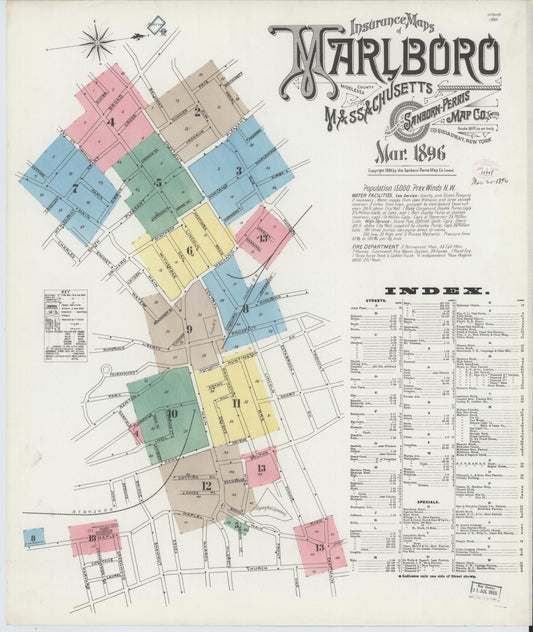 Sanborn Fire Insurance Map from Marlborough, Middlesex County, Massachusetts (1896), Sheet #0001 - Historic Sanborn Fire Insurance Map Print, vintage old map wall art, antique decor, genealogy gift, Massachusetts Massachusetts map