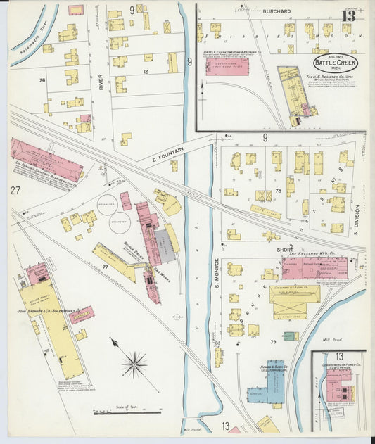 Sanborn Fire Insurance Map from Battle Creek, Calhoun County, Michigan (1907), Sheet #0013 - Historic Sanborn Fire Insurance Map Print, vintage old map wall art, antique decor, genealogy gift, Michigan Michigan map