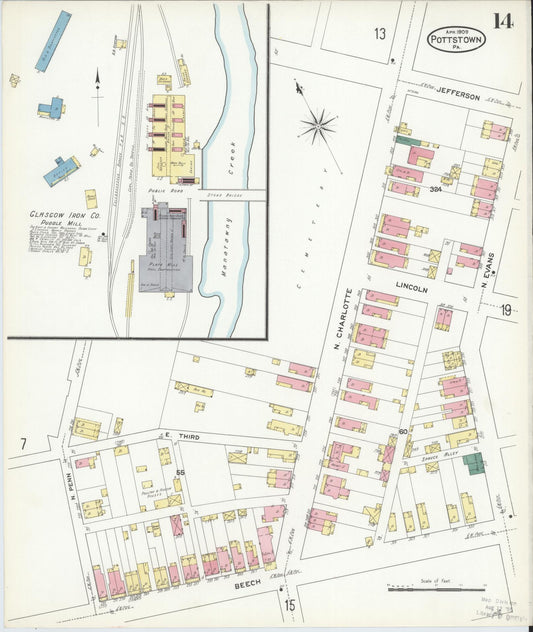 Sanborn Fire Insurance Map from Pottstown, Montgomery County, Pennsylvania (1909), Sheet #0014 - Historic Sanborn Fire Insurance Map Print, vintage old map wall art, antique decor, genealogy gift, Pennsylvania Pennsylvania map