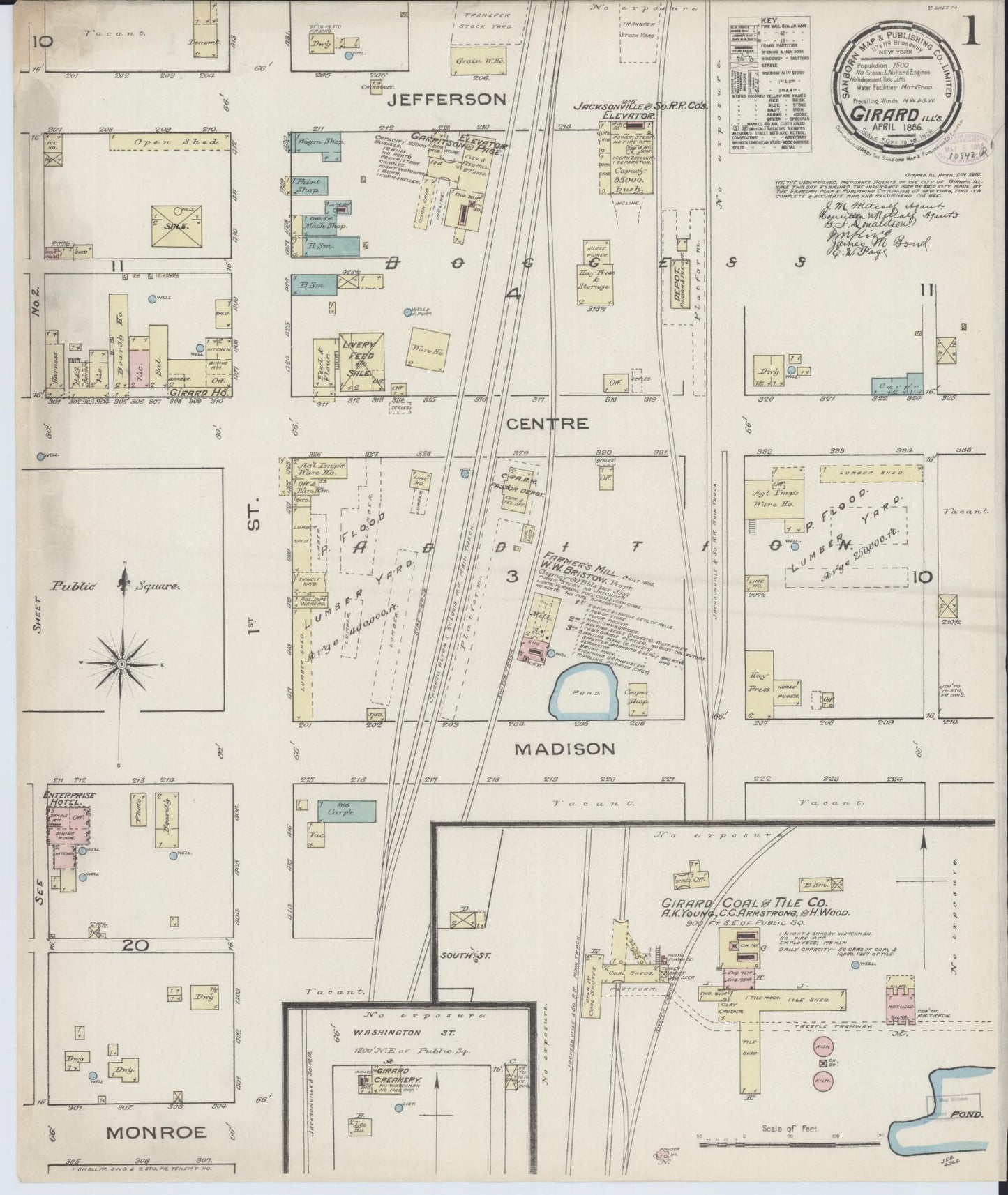 Sanborn Fire Insurance Map from Girard, Macoupin County, Illinois (1886), Sheet #0001 - Complete Map Set gallery image, historic Sanborn map, vintage wall art, Illinois Illinois