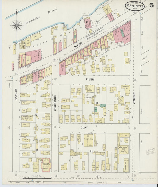 Sanborn Fire Insurance Map from Manistee, Manistee County, Michigan (1890), Sheet #0005 - Historic Sanborn Fire Insurance Map Print, vintage old map wall art, antique decor, genealogy gift, Michigan Michigan map