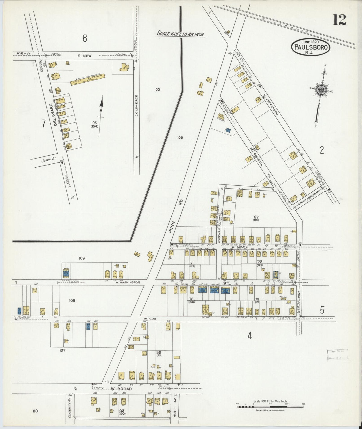 Sanborn Fire Insurance Map from Paulsboro, Gloucester County, New Jersey (1920), Sheet #0012 - Historic Sanborn Fire Insurance Map Print, vintage old map wall art, antique decor, genealogy gift, New Jersey New Jersey map