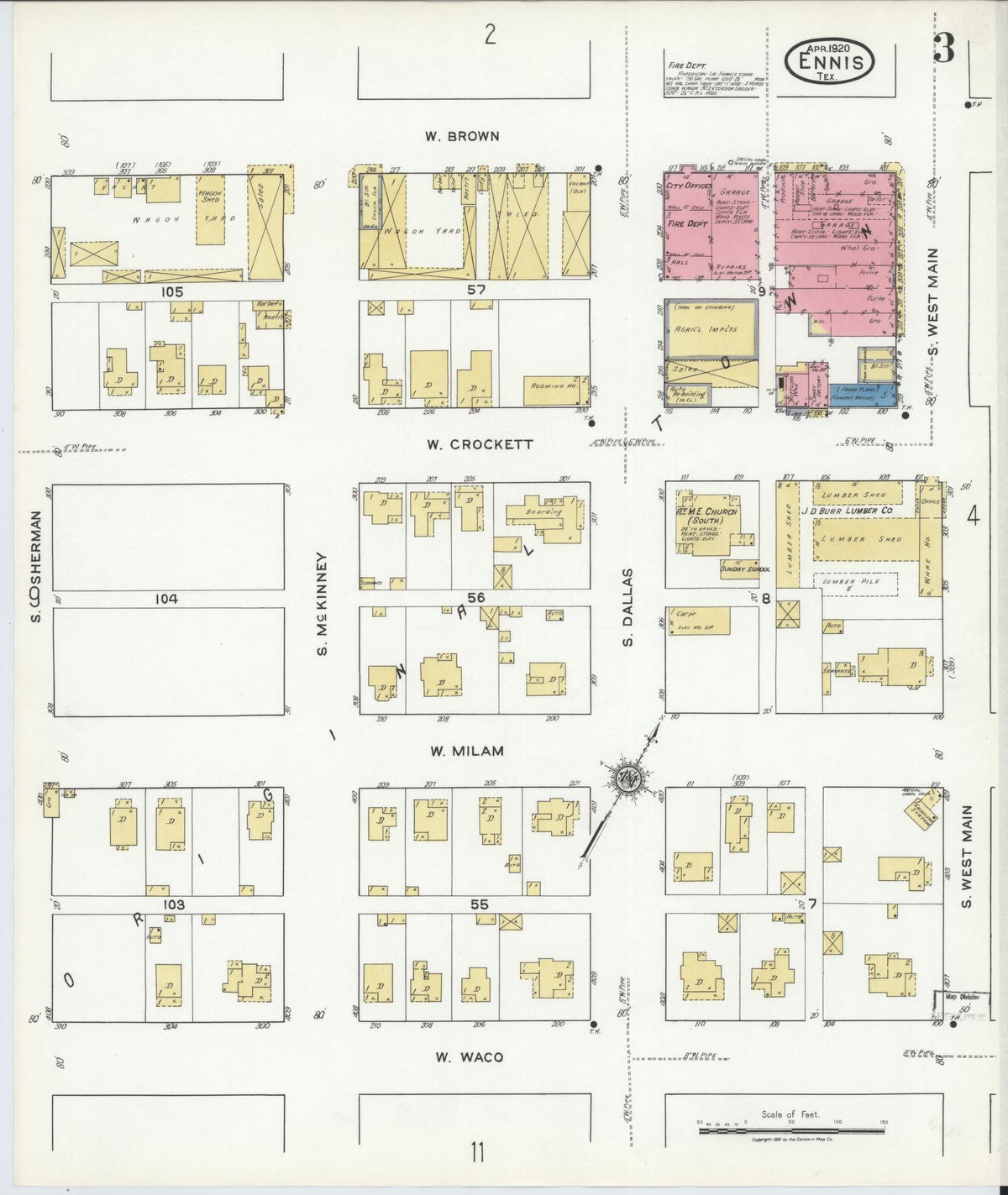 Sanborn Fire Insurance Map from Ennis, Ellis County, Texas (1920), Sheet #0003 - Complete Map Set gallery image, historic Sanborn map, vintage wall art, Texas Texas