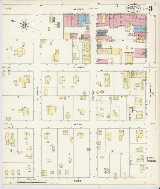 Sanborn Fire Insurance Map from Gonzales, Gonzales County, Texas (1907), Sheet #0003 - Historic Sanborn Fire Insurance Map Print, vintage old map wall art, antique decor, genealogy gift, Texas Texas map