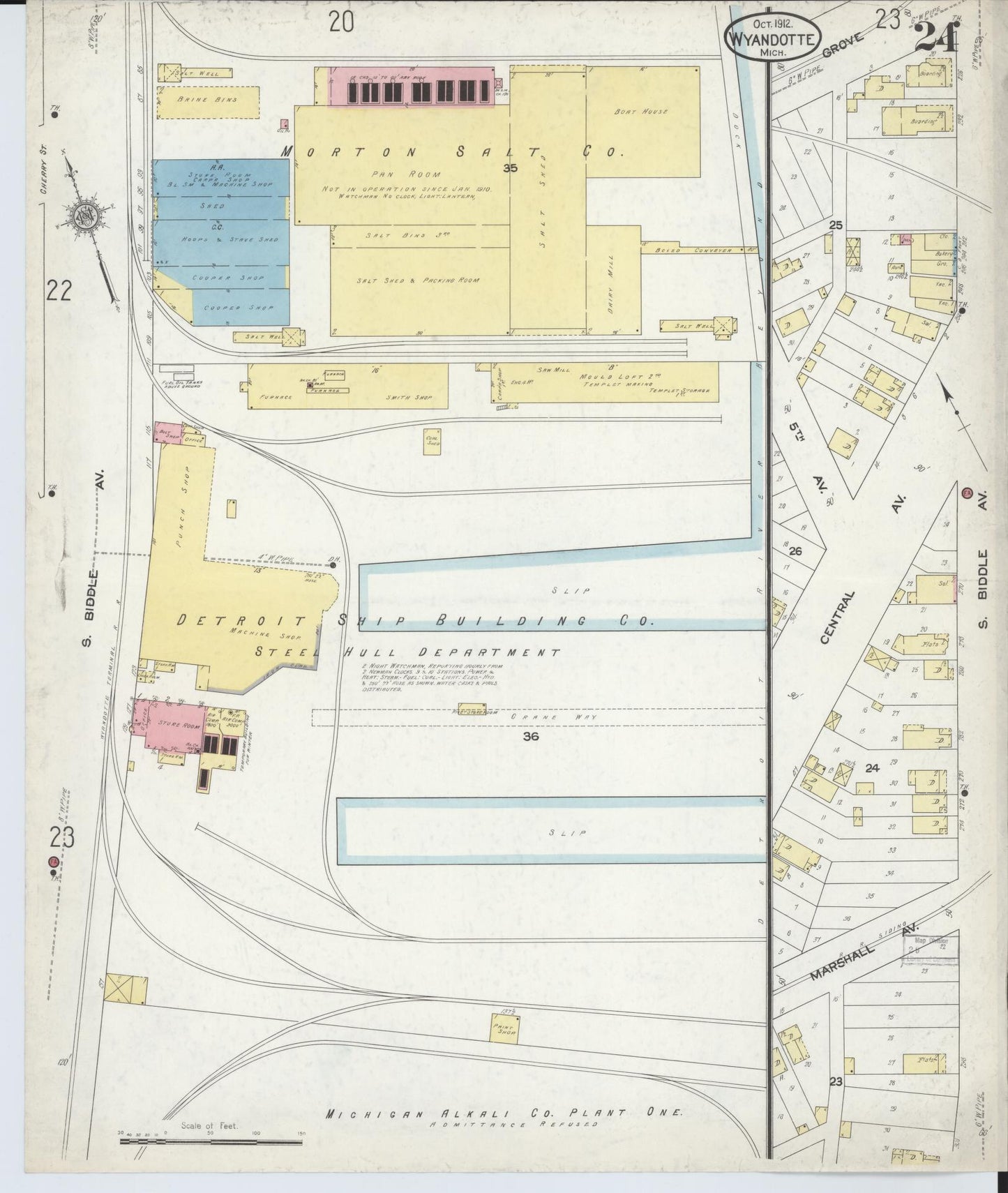 Sanborn Fire Insurance Map from Wyandotte, Wayne County, Michigan (1912), Sheet #0024 - Historic Sanborn Fire Insurance Map Print, vintage old map wall art, antique decor, genealogy gift, Michigan Michigan map