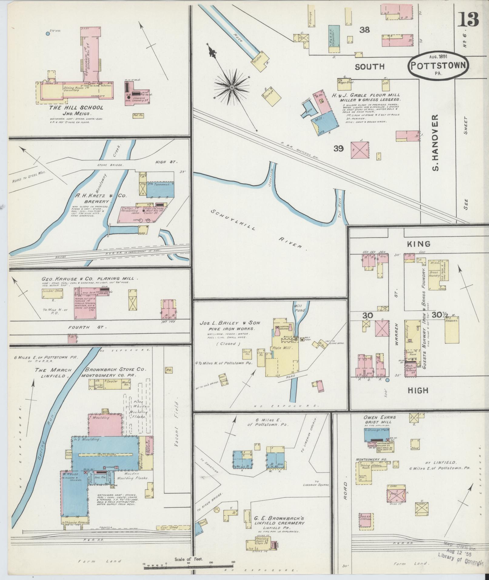 Sanborn Fire Insurance Map from Pottstown, Montgomery County, Pennsylvania (1891), Sheet #0013 - Historic Sanborn Fire Insurance Map Print, vintage old map wall art, antique decor, genealogy gift, Pennsylvania Pennsylvania map