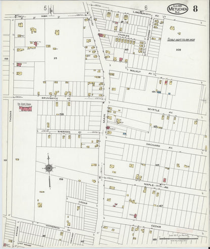 Sanborn Fire Insurance Map from Metuchen, Middlesex County, New Jersey (1920), Sheet #0008 - Historic Sanborn Fire Insurance Map Print, vintage old map wall art, antique decor, genealogy gift, New Jersey New Jersey map