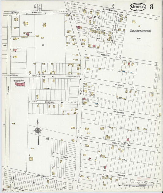 Sanborn Fire Insurance Map from Metuchen, Middlesex County, New Jersey (1920), Sheet #0008 - Historic Sanborn Fire Insurance Map Print, vintage old map wall art, antique decor, genealogy gift, New Jersey New Jersey map