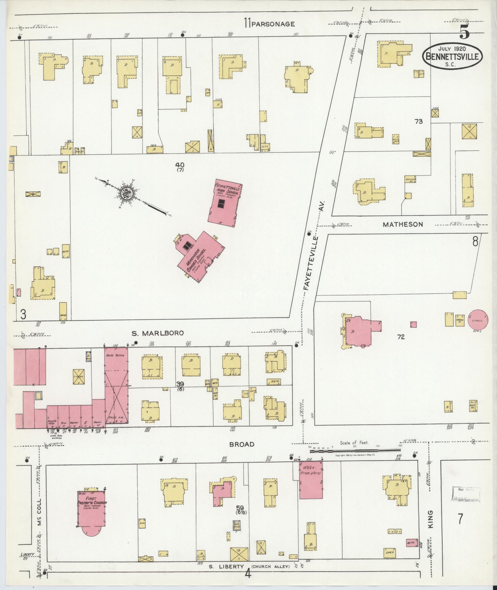 Sanborn Fire Insurance Map from Bennettsville, Marlboro County, South Carolina (1920), Sheet #0005 - Complete Map Set gallery image, historic Sanborn map, vintage wall art, South Carolina South Carolina