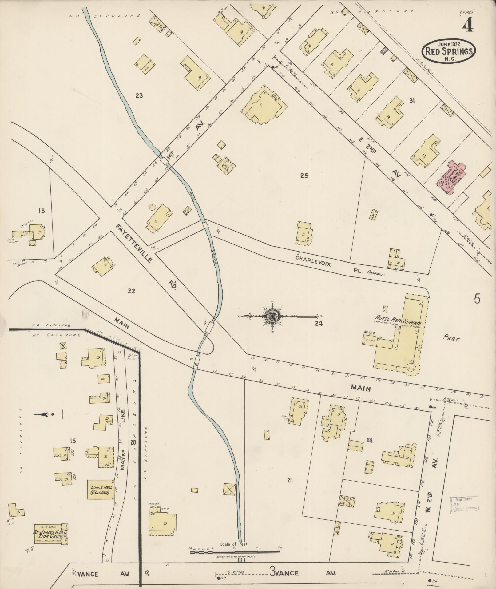 Sanborn Fire Insurance Map from Red Springs, Robeson County, North Carolina (1922), Sheet #0004 - Complete Map Set gallery image, historic Sanborn map, vintage wall art, North Carolina North Carolina