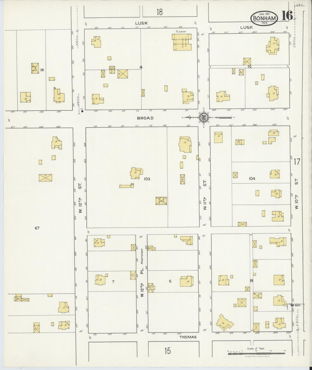 Sanborn Fire Insurance Map from Bonham, Fannin County, Texas (1917), Sheet #0016 - Complete Map Set gallery image, historic Sanborn map, vintage wall art, Texas Texas