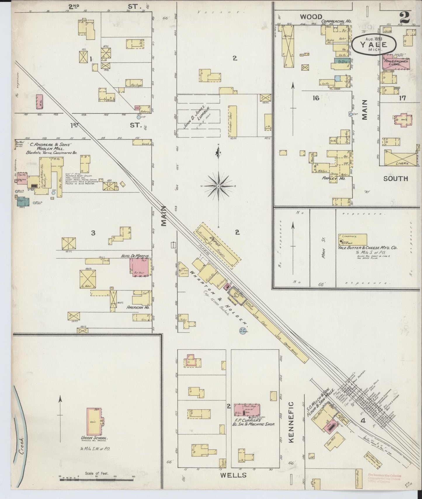 Sanborn Fire Insurance Map from Yale, Saint Clair County, Michigan (1893), Sheet #0002 - Historic Sanborn Fire Insurance Map Print, vintage old map wall art, antique decor, genealogy gift, Michigan Michigan map