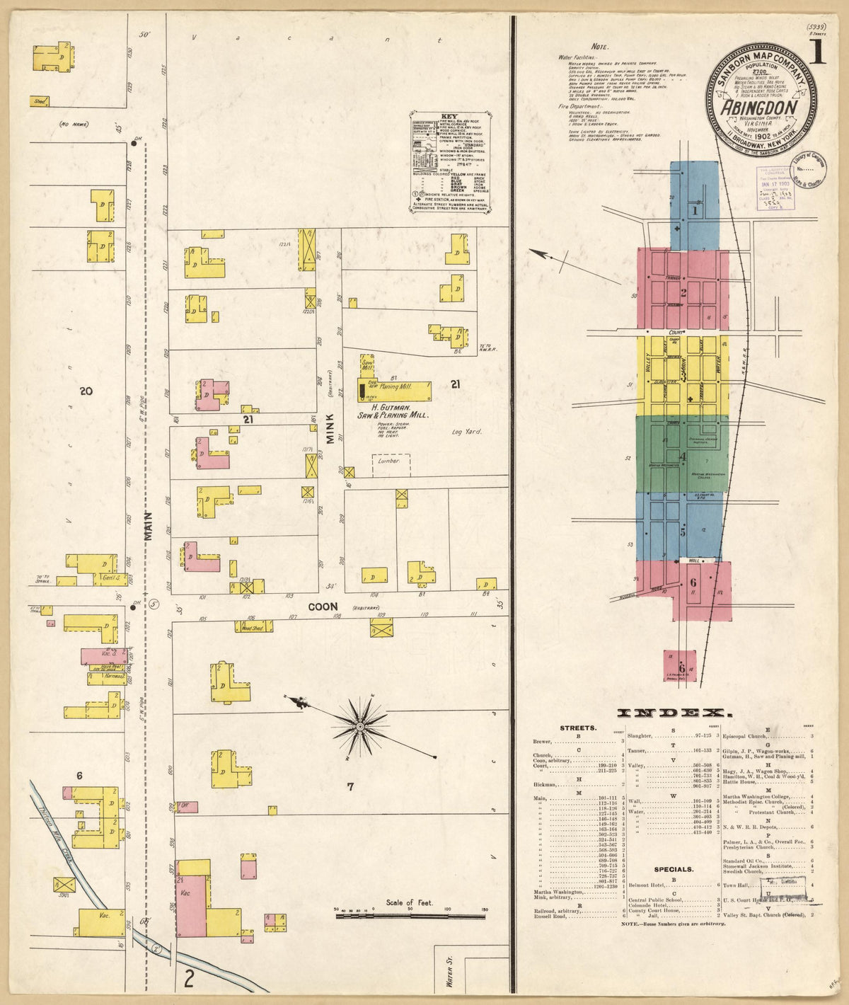 Sanborn Fire Insurance Map from Abingdon, Washington County, Virginia (1902), Sheet #0001 - Historic Sanborn Fire Insurance Map Print, vintage old map wall art, antique decor, genealogy gift, Virginia Virginia map