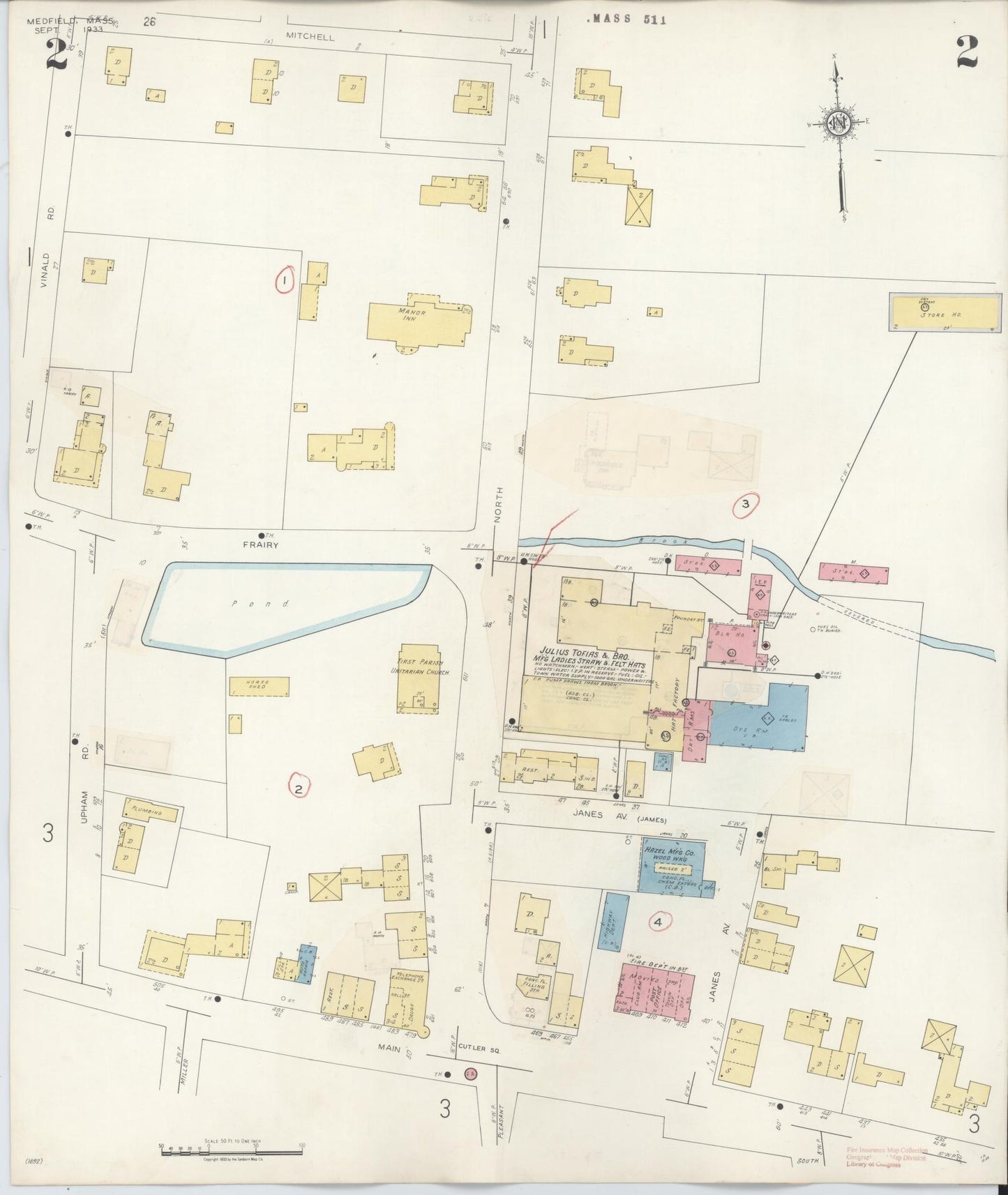 Sanborn Fire Insurance Map from Medfield, Norfolk County, Massachusetts (1943), Sheet #0002 - Complete Map Set gallery image, historic Sanborn map, vintage wall art, Massachusetts Massachusetts