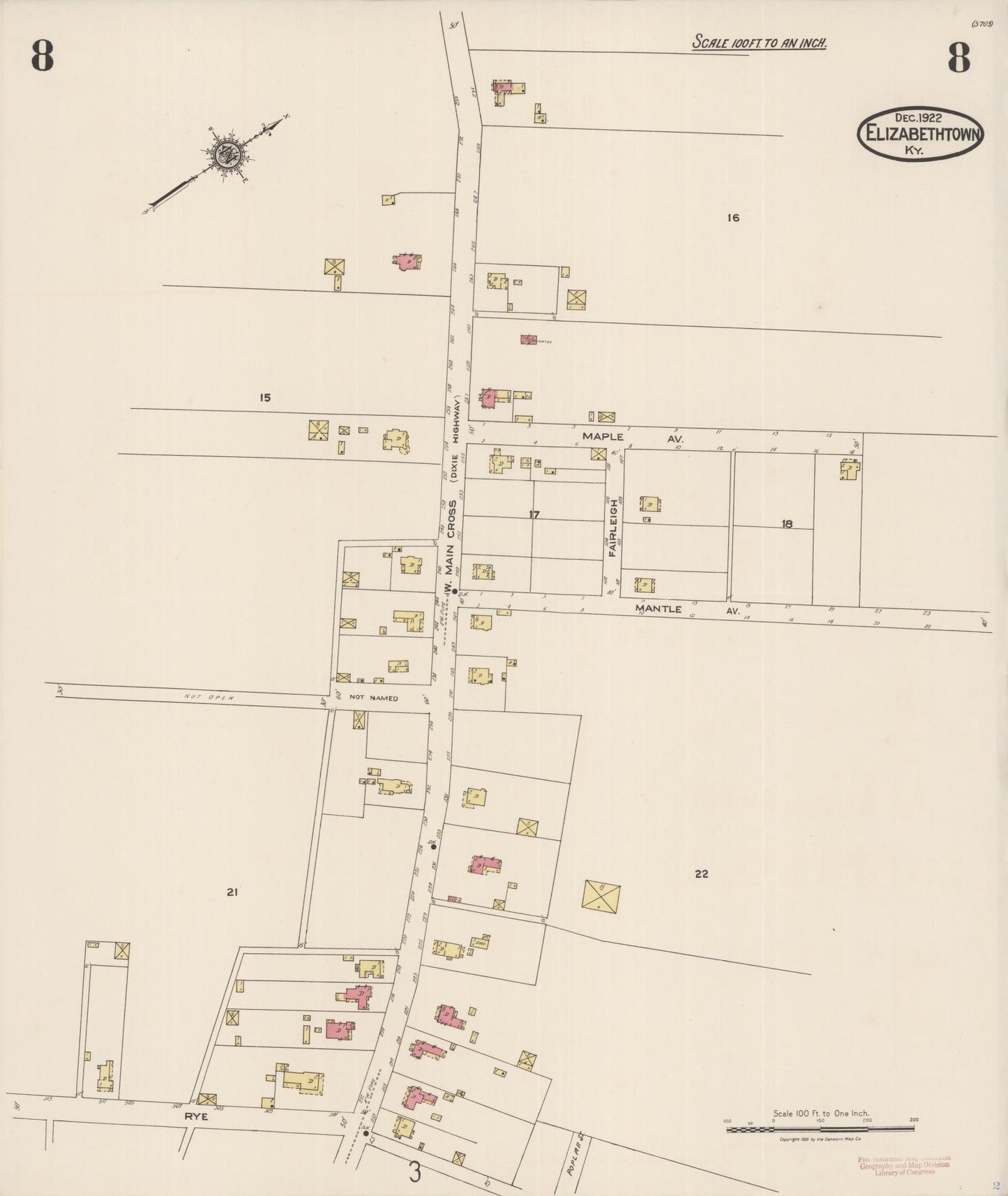 Sanborn Fire Insurance Map from Elizabethtown, Hardin County, Kentucky (1922), Sheet #0008 - Complete Map Set gallery image, historic Sanborn map, vintage wall art, Kentucky Kentucky