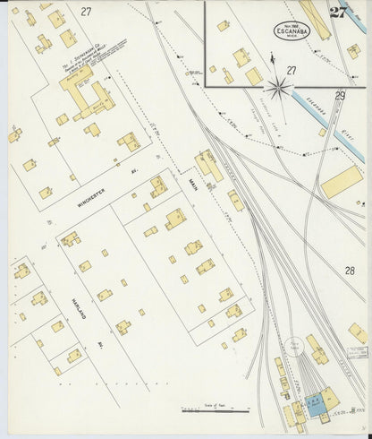 Sanborn Fire Insurance Map from Escanaba, Delta County, Michigan (1906), Sheet #0027 - Historic Sanborn Fire Insurance Map Print, vintage old map wall art, antique decor, genealogy gift, Michigan Michigan map