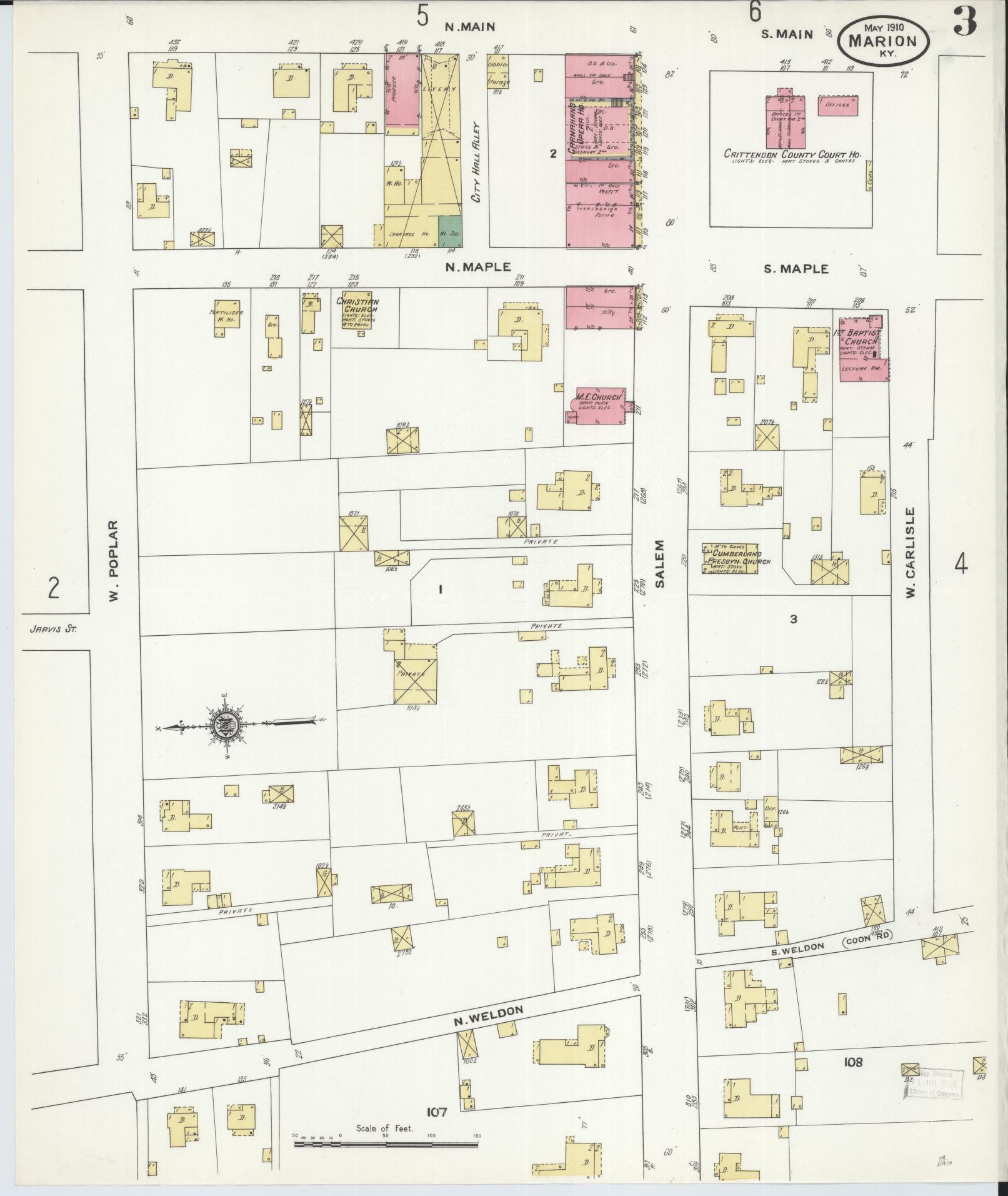 Sanborn Fire Insurance Map from Marion, Crittenden County, Kentucky (1910), Sheet #0003 - Historic Sanborn Fire Insurance Map Print, vintage old map wall art, antique decor, genealogy gift, Kentucky Kentucky map