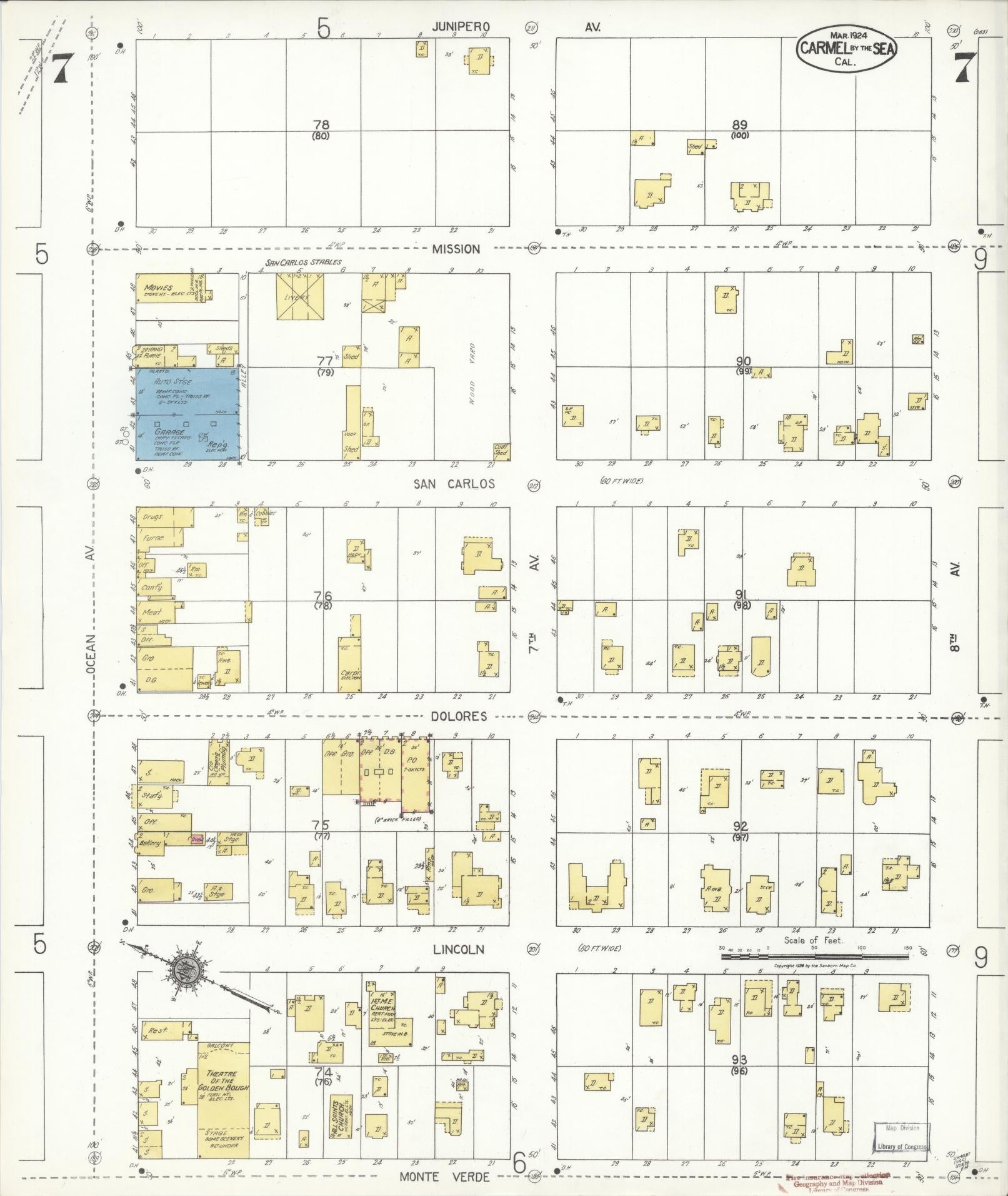 Sanborn Fire Insurance Map from Carmel By The Sea, Monterey County, California (1924), Sheet #0007 - Complete Map Set gallery image, historic Sanborn map, vintage wall art, California California