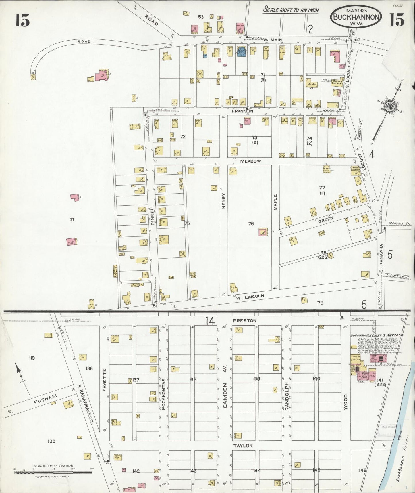 Sanborn Fire Insurance Map from Buckhannon, Upshur County, West Virginia (1923), Sheet #0015 - Historic Sanborn Fire Insurance Map Print, vintage old map wall art, antique decor, genealogy gift, West Virginia West Virginia map