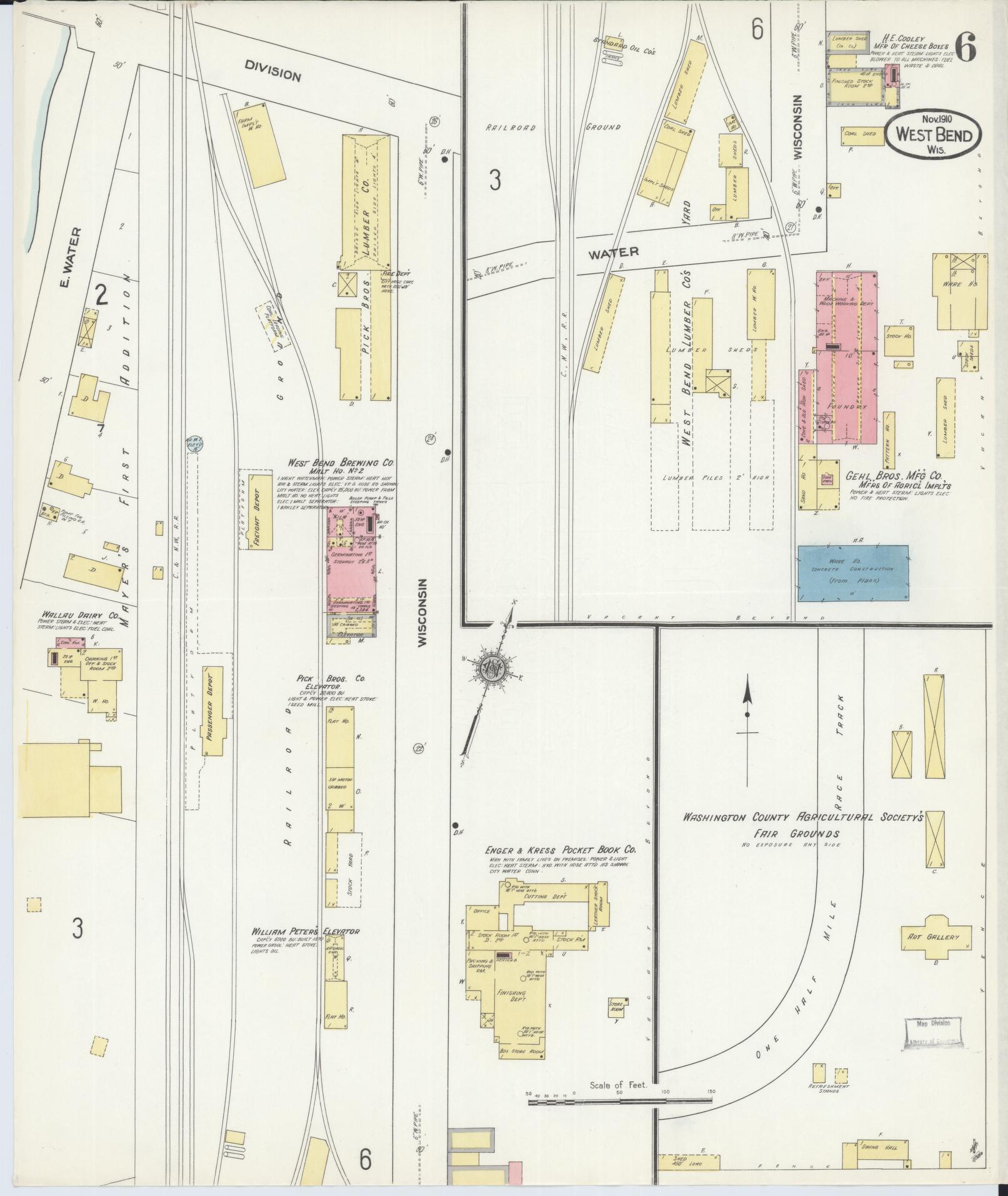 Sanborn Fire Insurance Map from West Bend, Washington County, Wisconsin (1910), Sheet #0006 - Complete Map Set gallery image, historic Sanborn map, vintage wall art, Wisconsin Wisconsin