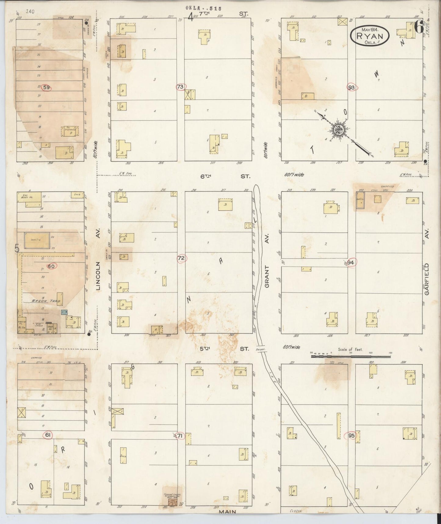 Sanborn Fire Insurance Map from Ryan, Jefferson County, Oklahoma (1932), Sheet #0006 - Historic Sanborn Fire Insurance Map Print, vintage old map wall art, antique decor, genealogy gift, Oklahoma Oklahoma map