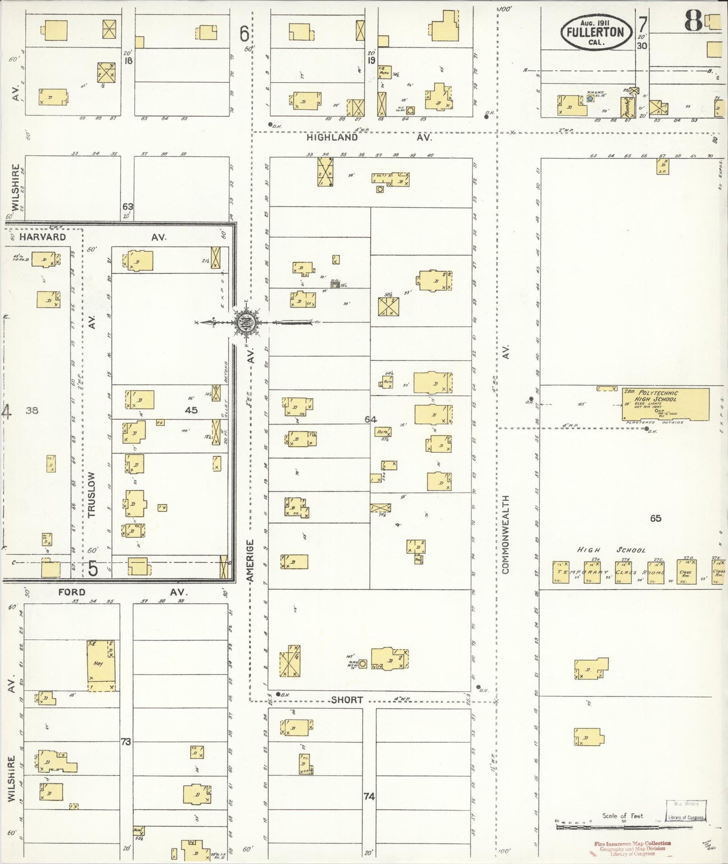 Sanborn Fire Insurance Map from Fullerton, Orange County, California (1911), Sheet #0008 - Historic Sanborn Fire Insurance Map Print, vintage old map wall art, antique decor, genealogy gift, California California map