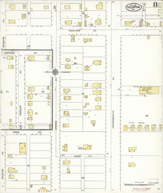 Sanborn Fire Insurance Map from Fullerton, Orange County, California (1911), Sheet #0008 - Historic Sanborn Fire Insurance Map Print, vintage old map wall art, antique decor, genealogy gift, California California map