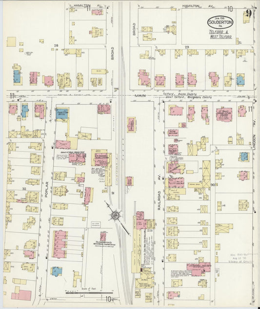 Sanborn Fire Insurance Map from Souderton, Montgomery County, Pennsylvania (1914), Sheet #0009 - Historic Sanborn Fire Insurance Map Print, vintage old map wall art, antique decor, genealogy gift, Pennsylvania Pennsylvania map