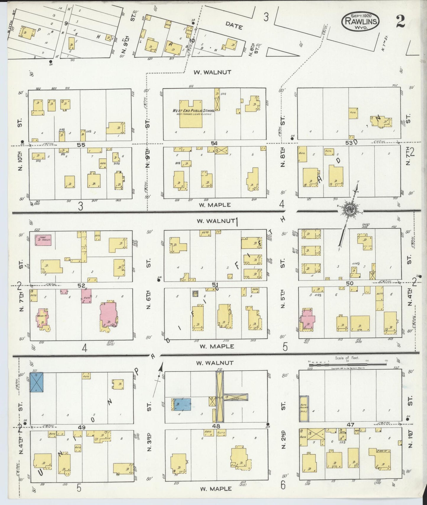 Sanborn Fire Insurance Map from Rawlins, Carbon County, Wyoming (1920), Sheet #0002 - Complete Map Set gallery image, historic Sanborn map, vintage wall art, Wyoming Wyoming