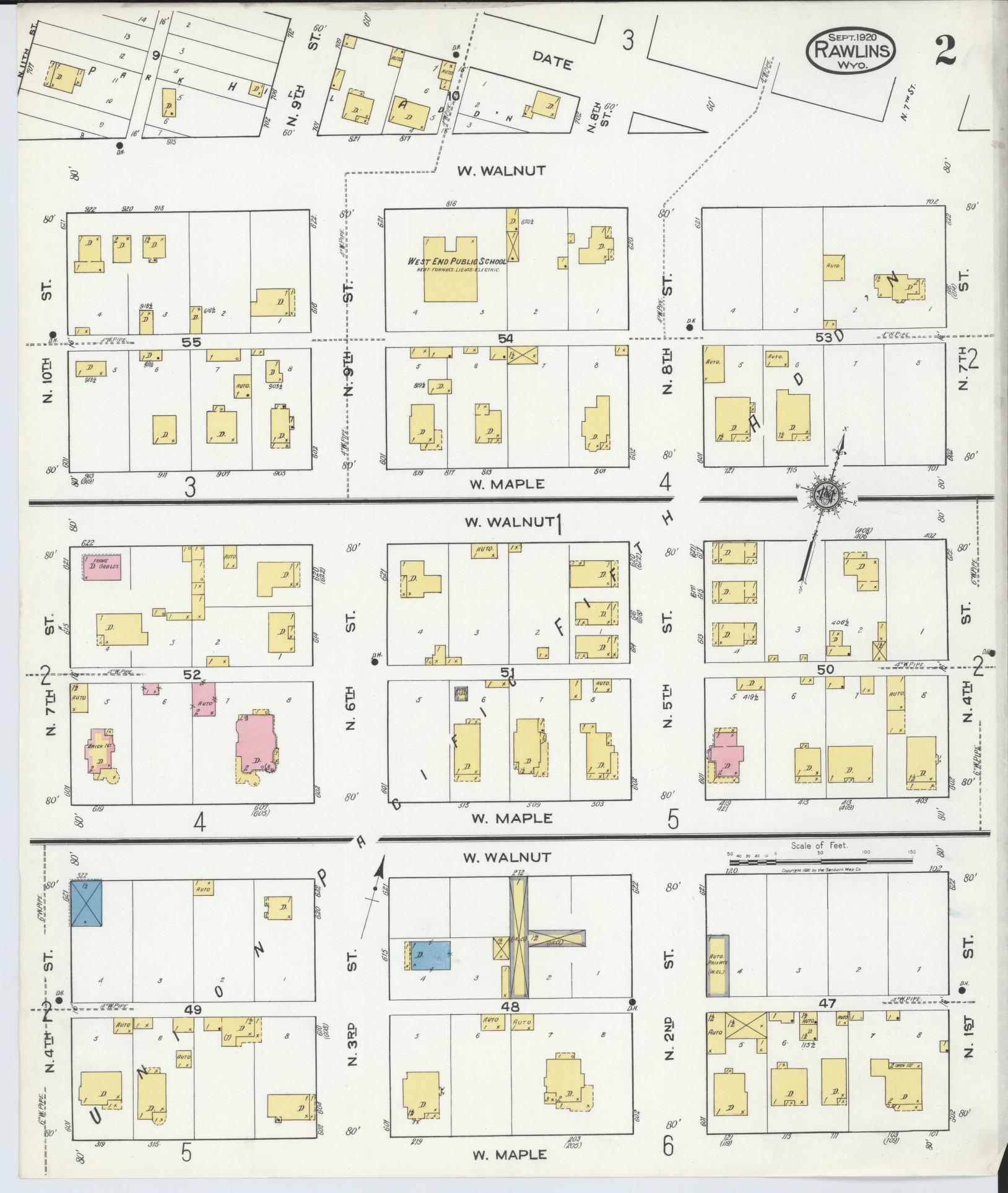 Sanborn Fire Insurance Map from Rawlins, Carbon County, Wyoming (1920), Sheet #0002 - Complete Map Set gallery image, historic Sanborn map, vintage wall art, Wyoming Wyoming
