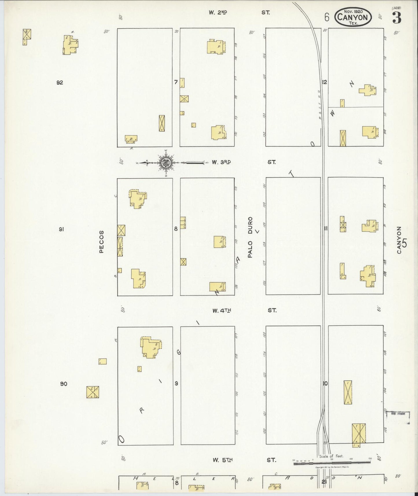 Sanborn Fire Insurance Map from Canyon, Randall County, Texas (1920), Sheet #0003 - Historic Sanborn Fire Insurance Map Print, vintage old map wall art, antique decor, genealogy gift, Texas Texas map
