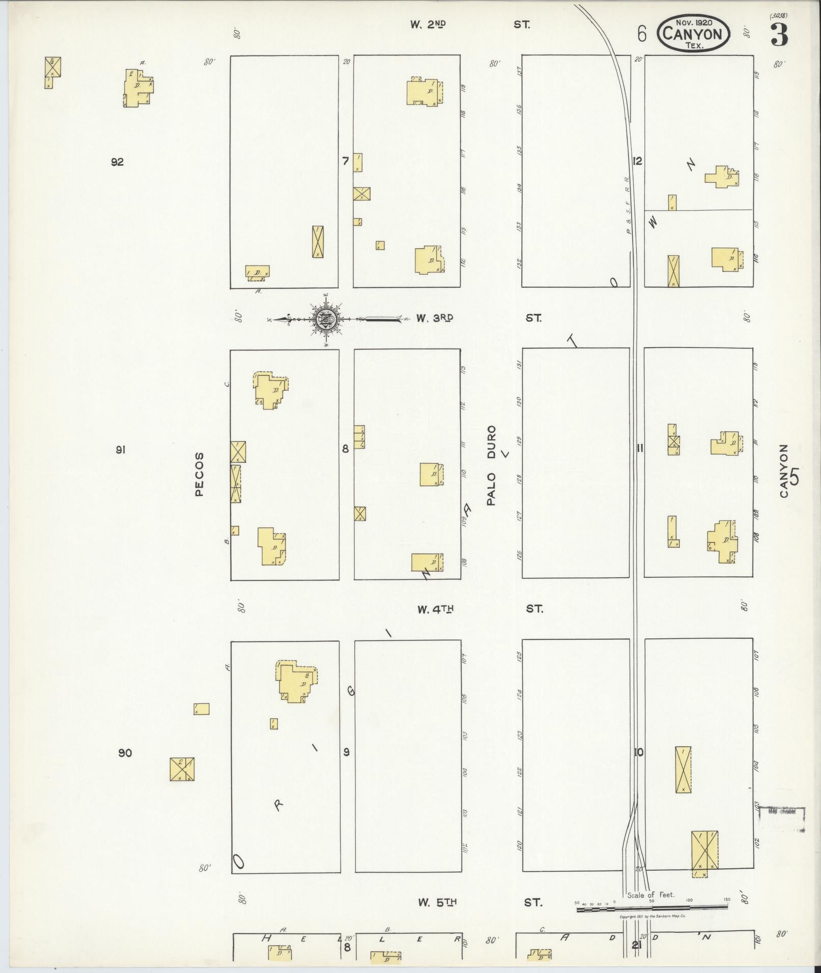 Sanborn Fire Insurance Map from Canyon, Randall County, Texas (1920), Sheet #0003 - Historic Sanborn Fire Insurance Map Print, vintage old map wall art, antique decor, genealogy gift, Texas Texas map