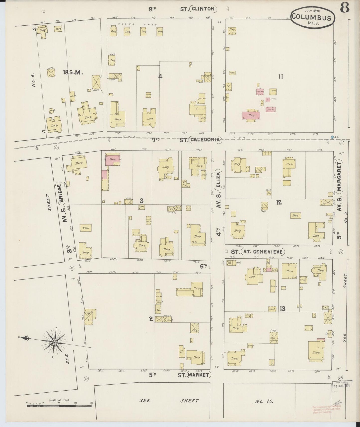 Sanborn Fire Insurance Map from Columbus, Lowndes County, Mississippi (1890), Sheet #0008 - Historic Sanborn Fire Insurance Map Print, vintage old map wall art, antique decor, genealogy gift, Mississippi Mississippi map