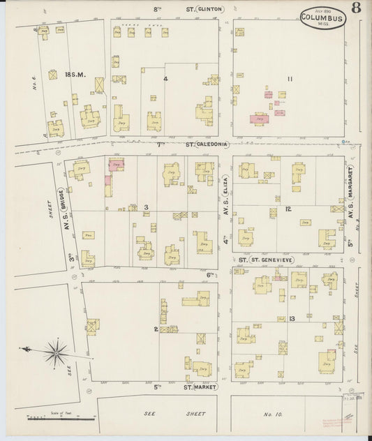 Sanborn Fire Insurance Map from Columbus, Lowndes County, Mississippi (1890), Sheet #0008 - Historic Sanborn Fire Insurance Map Print, vintage old map wall art, antique decor, genealogy gift, Mississippi Mississippi map