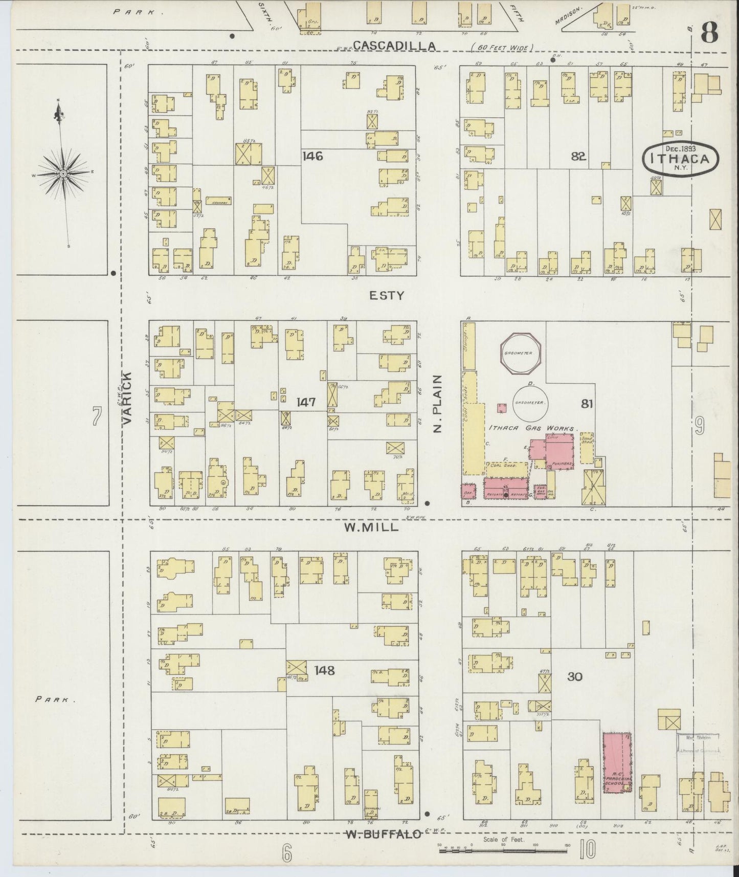 Sanborn Fire Insurance Map from Ithaca, Tompkins County, New York (1893), Sheet #0008 - Complete Map Set gallery image, historic Sanborn map, vintage wall art, New York New York