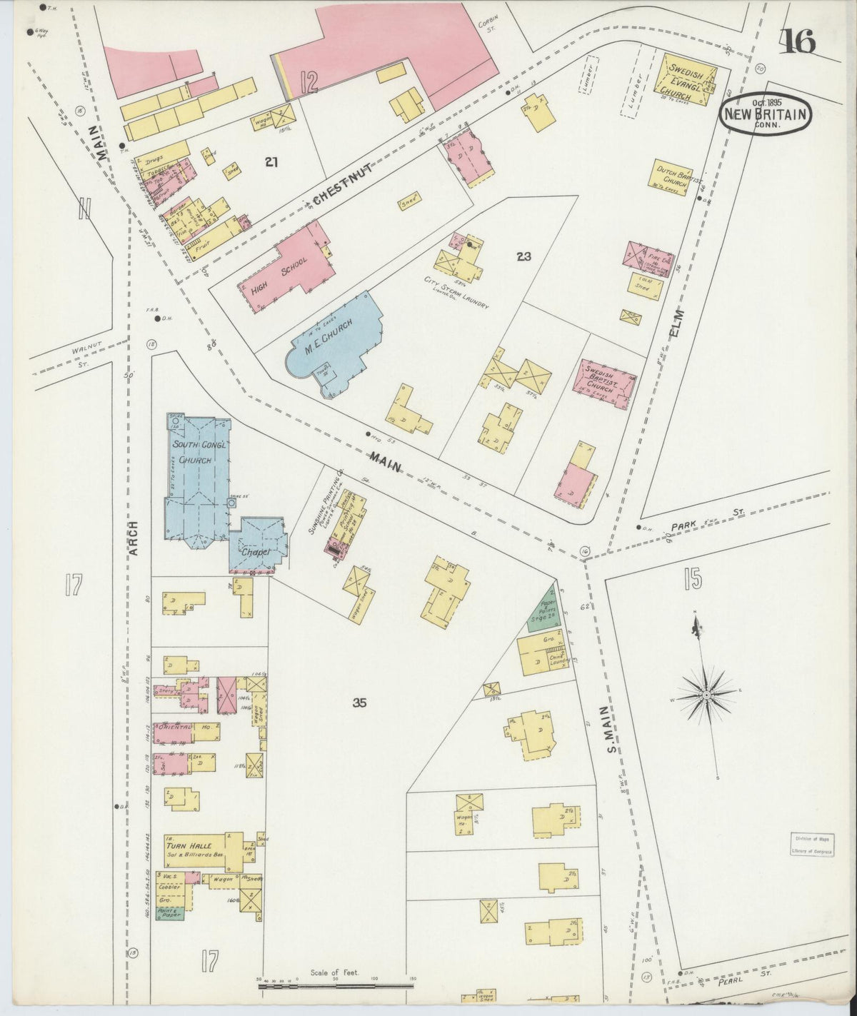 Sanborn Fire Insurance Map from New Britain, Hartford County, Connecticut (1895), Sheet #0016 - Historic Sanborn Fire Insurance Map Print, vintage old map wall art, antique decor, genealogy gift, Connecticut Connecticut map