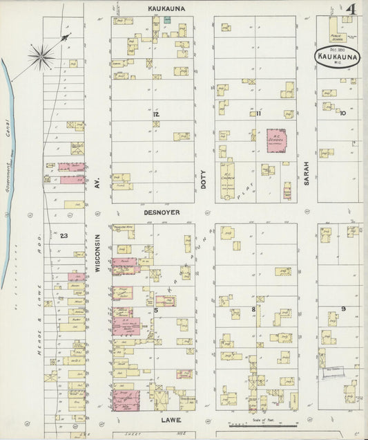Sanborn Fire Insurance Map from Kaukauna, Outagamie County, Wisconsin (1890), Sheet #0004 - Historic Sanborn Fire Insurance Map Print, vintage old map wall art, antique decor, genealogy gift, Wisconsin Wisconsin map