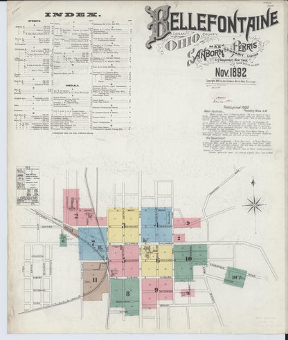 Sanborn Fire Insurance Map from Bellefontaine, Logan County, Ohio (1892), Sheet #0001 - Historic Sanborn Fire Insurance Map Print, vintage old map wall art, antique decor, genealogy gift, Ohio Ohio map