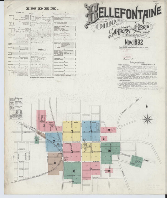 Sanborn Fire Insurance Map from Bellefontaine, Logan County, Ohio (1892), Sheet #0001 - Historic Sanborn Fire Insurance Map Print, vintage old map wall art, antique decor, genealogy gift, Ohio Ohio map