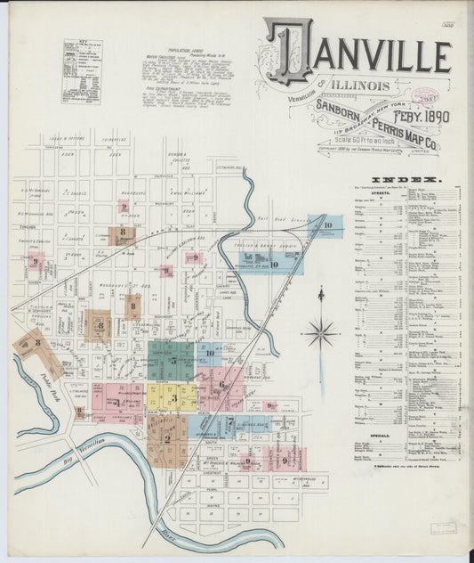 Sanborn Fire Insurance Map from Danville, Vermilion County, Illinois (1890), Sheet #0001 - Historic Sanborn Fire Insurance Map Print, vintage old map wall art, antique decor, genealogy gift, Illinois Illinois map