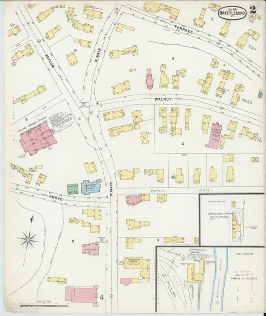 Sanborn Fire Insurance Map from Brattleboro, Windham County, Vermont (1896), Sheet #0002 - Historic Sanborn Fire Insurance Map Print, vintage old map wall art, antique decor, genealogy gift, Vermont Vermont map