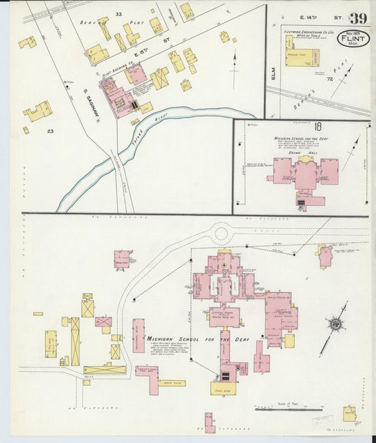 Sanborn Fire Insurance Map from Flint, Genesee County, Michigan (1909), Sheet #0039 - Historic Sanborn Fire Insurance Map Print, vintage old map wall art, antique decor, genealogy gift, Michigan Michigan map