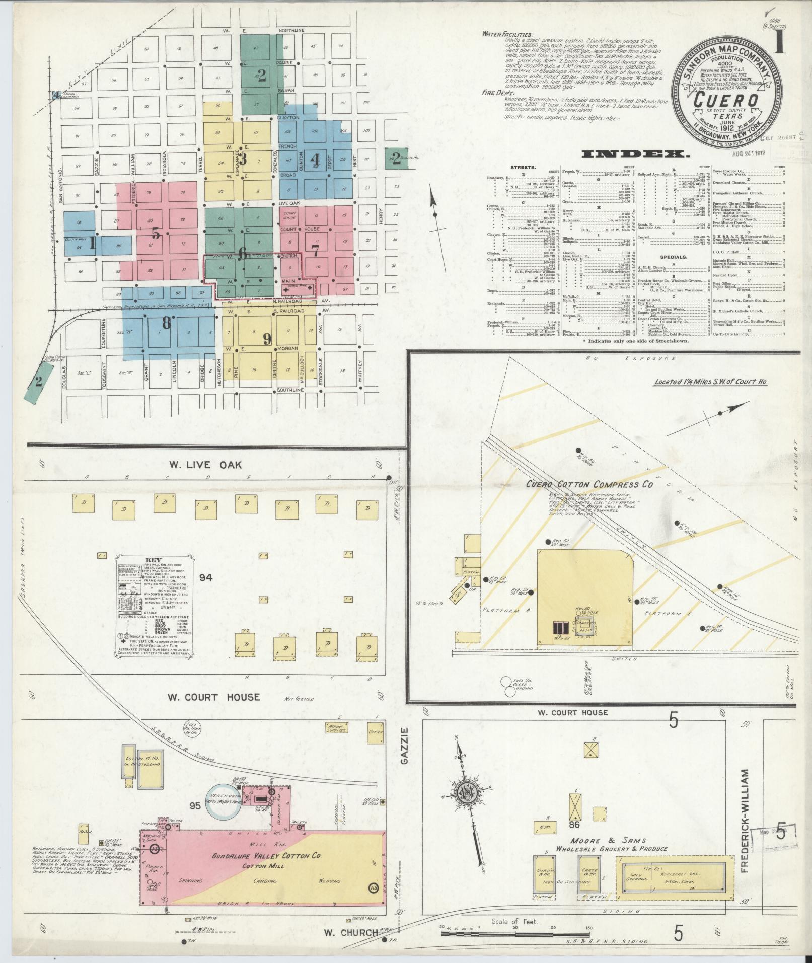 Sanborn Fire Insurance Map from Cuero, De Witt County, Texas (1912), Sheet #0001 - Historic Sanborn Fire Insurance Map Print, vintage old map wall art, antique decor, genealogy gift, Texas Texas map