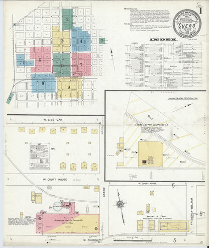 Sanborn Fire Insurance Map from Cuero, De Witt County, Texas (1912), Sheet #0001 - Historic Sanborn Fire Insurance Map Print, vintage old map wall art, antique decor, genealogy gift, Texas Texas map